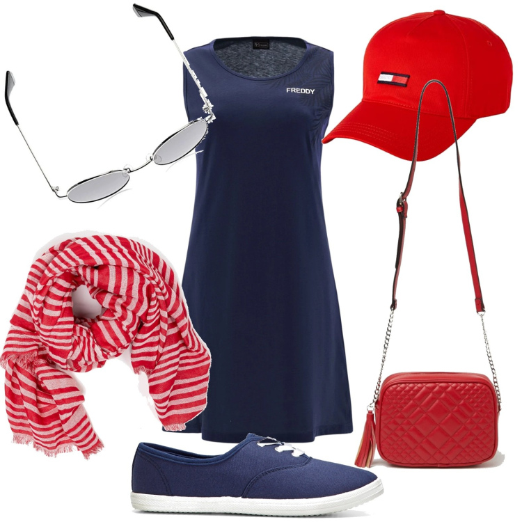 Outfit donna - Total look #1597227. Stile Basic per Tutti i giorni. Abbinamento con sneakers, sciarpe, borse a tracolla, vestiti senza maniche, cappelli con visiera, occhiali da sole.