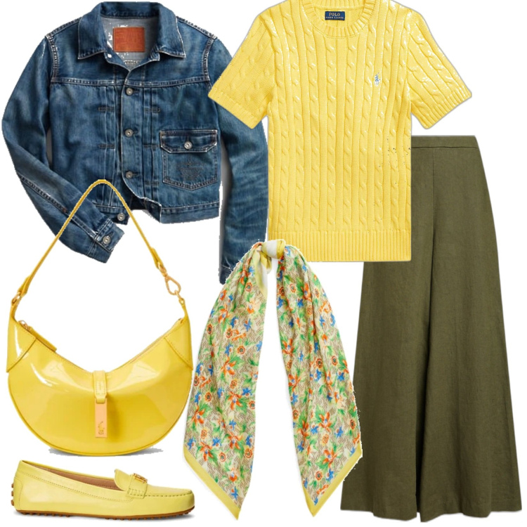 Outfit donna - California Dreaming. Stile Glamour per Tutti i giorni. Abbinamento con pantaloni, maglieria, mocassini, sciarpe, borse a spalla, giacche.
