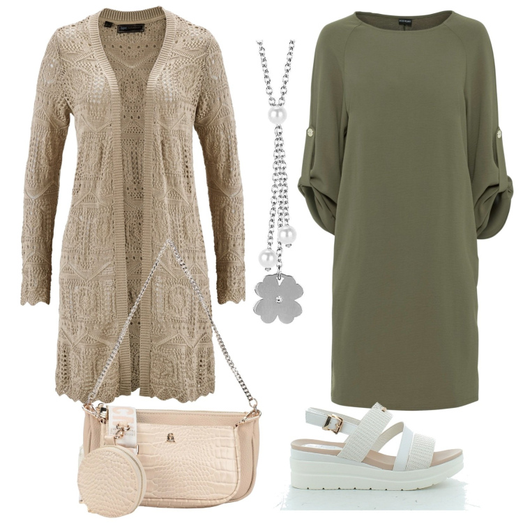 Outfit donna - Cardigan. Stile Casual per Ufficio. Abbinamento con cardigans, vestiti, borse a mano, ciondoli, zeppe.