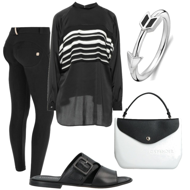 Outfit donna - Black and White. Stile Bon Ton per Serata fuori. Abbinamento con sandali in pelle, bluse, borse a mano, pantaloni skinny, anelli.