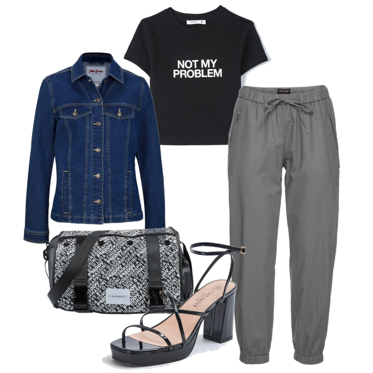 Outfit donna - Chic in tshirt. Stile Casual chic per Tutti i giorni. Abbinamento con pantaloni, blazer, borse a mano, t-shirt, sandali in pelle.