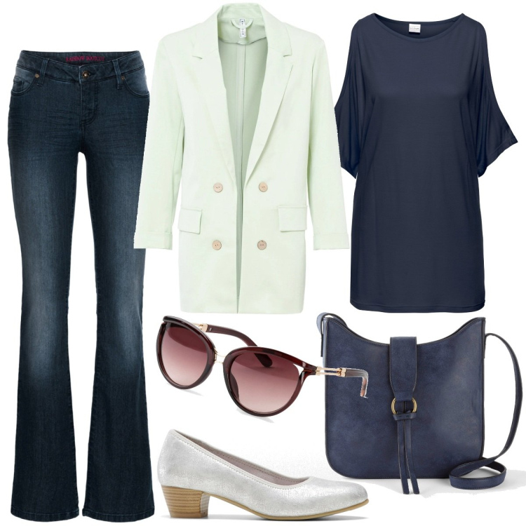 Outfit donna - Un blazer chiaro per la primavera. Stile Casual chic per Tutti i giorni. Abbinamento con gonne lunghe, occhiali da sole, maglieria, jeans bootcut, blazer, borse a tracolla.