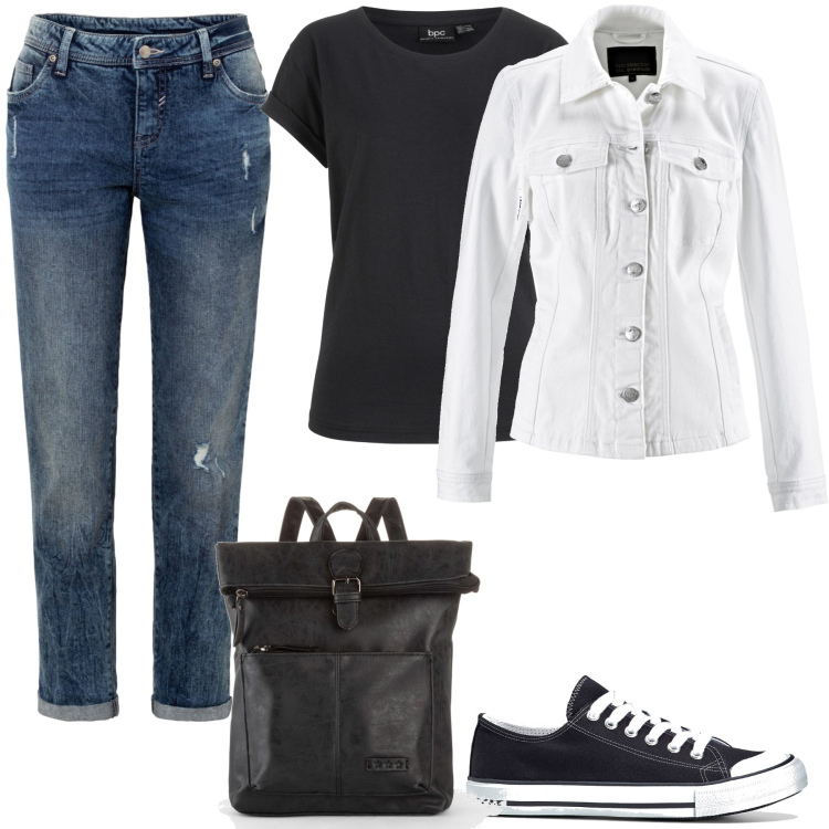 Outfit donna - Giacca bianca in Primavera. Stile Trendy per Tutti i giorni. Abbinamento con zaini, t-shirt, jeans boyfriend, blazer, scarpe sportive.