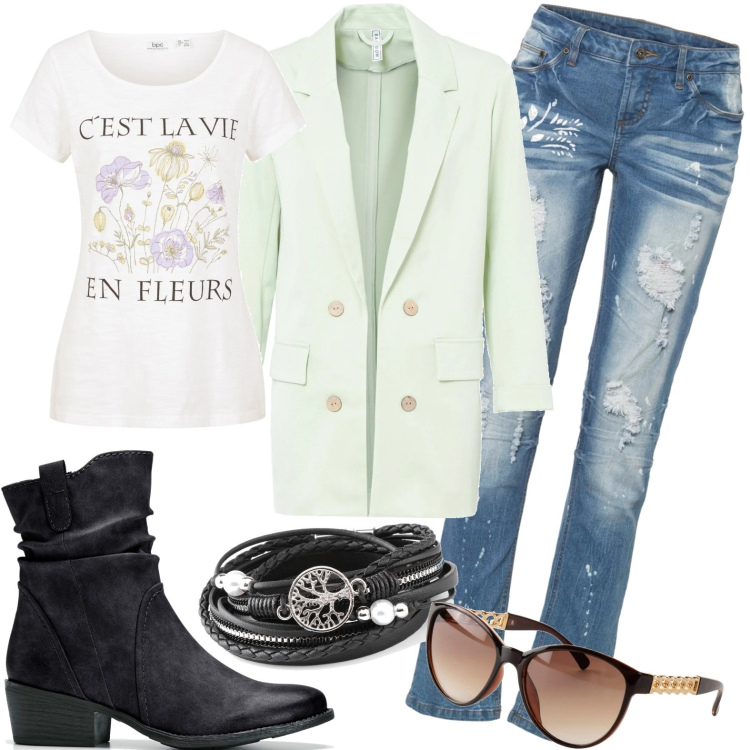 Outfit donna - Un ordinario giorno di lavoro. Stile Minimal per Ufficio. Abbinamento con jeans strappati, stivaletti texani, braccialetti, blazer, t-shirt, occhiali da sole.