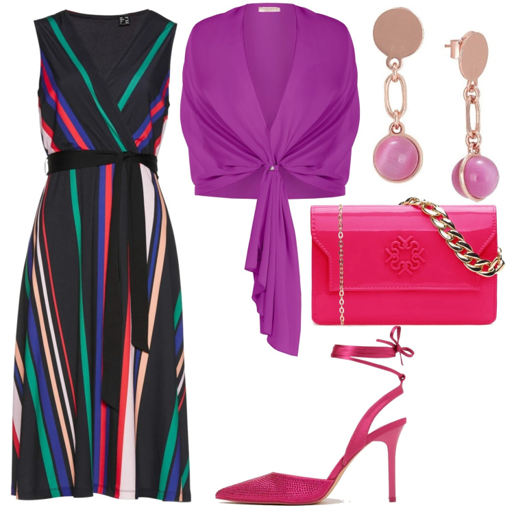Outfit donna - Una sera di primavera. Stile Glamour per Serata fuori. Abbinamento con vestiti, stole, pochette, orecchini, décolleté.