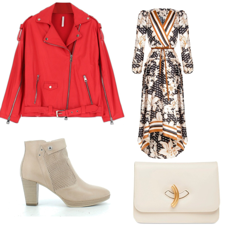 Outfit donna - Post cerimonia in campagna. Stile Casual chic per Serata fuori. Abbinamento con vestiti asimmetrici, giacche, stivaletti, borse a spalla.