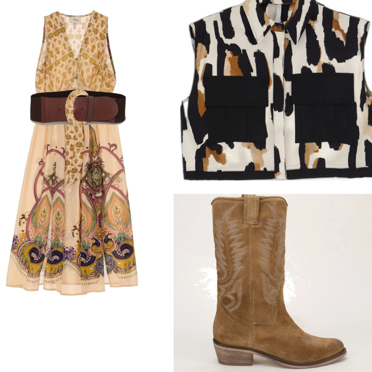 Outfit donna - Festival Hiihoo. Stile Boho per Tutti i giorni. Abbinamento con gilet, stivaletti texani, vestiti midi/longuette, cinture.