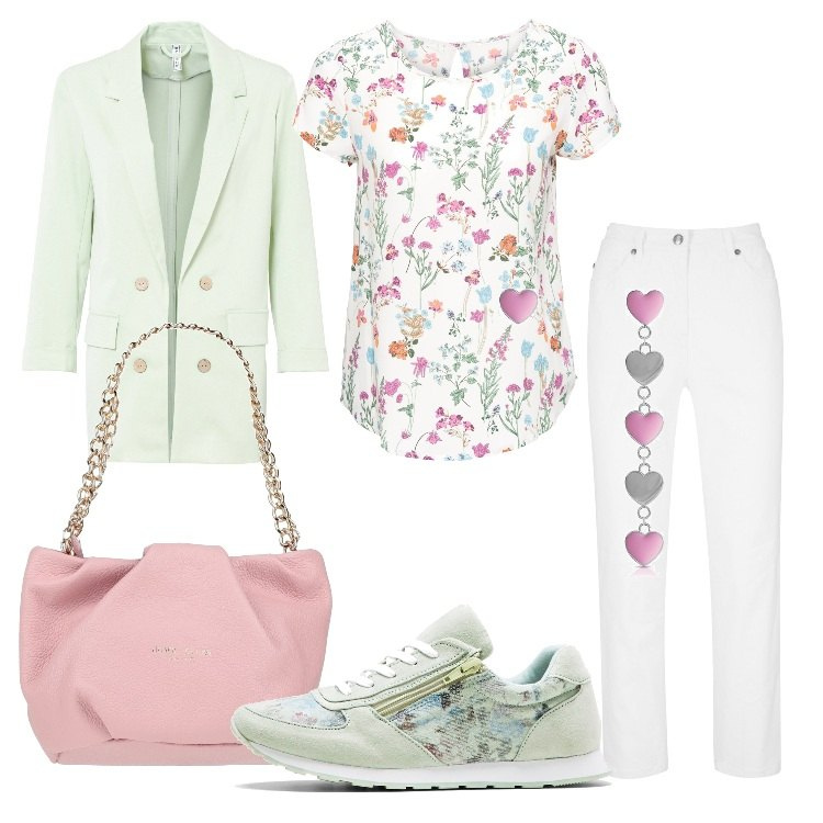 Outfit donna - La primavera addosso. Stile Basic per Tutti i giorni. Abbinamento con bluse, pantaloni, sneakers, blazer, borse a mano, orecchini.