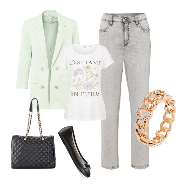 Outfit donna - Blazer menta. Stile Basic per Tutti i giorni. Abbinamento con ballerine, shopping bag, jeans mom, blazer, anelli, t-shirt.