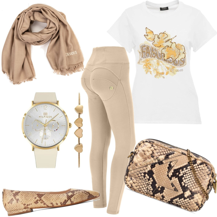 Outfit donna - Caramello. Stile Basic per Tutti i giorni. Abbinamento con sciarpe, t-shirt, pantaloni skinny, ballerine, orologi, borse a spalla.