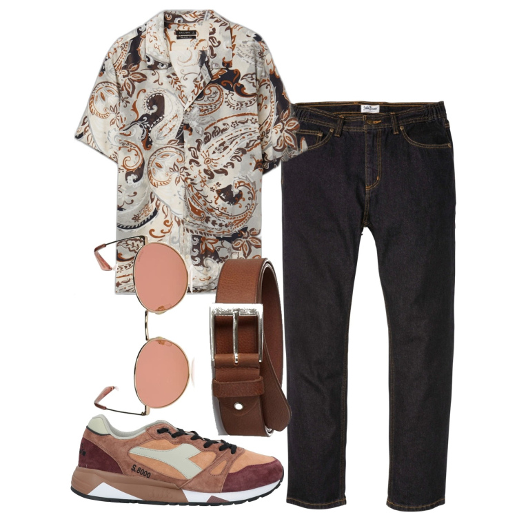 Outfit uomo - Armonioso. Stile Trendy per Tutti i giorni. Abbinamento con jeans dritti, sneakers, camicie a manica corta, cinture, occhiali da sole.