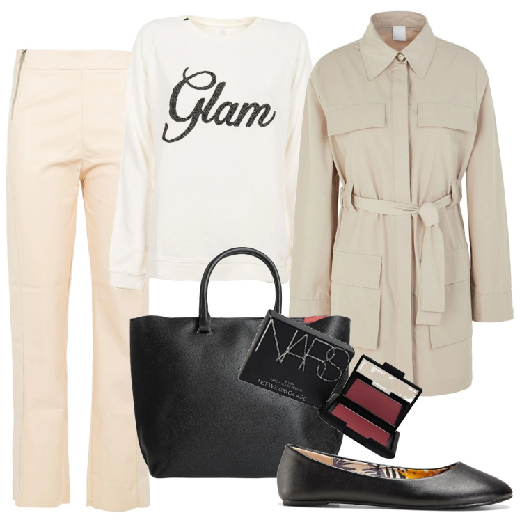 Outfit donna - Total look #1597714. Stile Minimal per Tutti i giorni. Abbinamento con ballerine, borse a mano, trench, felpe con cappuccio, pantaloni, blush.