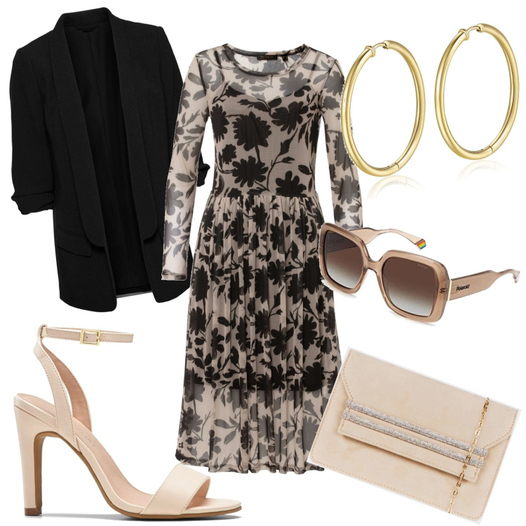Outfit donna - Look nude. Stile Glamour per Serata fuori. Abbinamento con blazer, vestiti, sandali col tacco, pochette, orecchini, occhiali da sole.