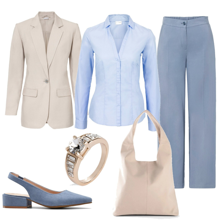 Outfit donna - Blazer chiaro. Stile Bon Ton per Ufficio. Abbinamento con camicie, décolleté, pantaloni a palazzo, blazer, shopping bag, anelli.