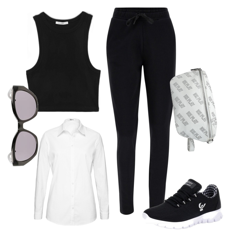 Outfit donna - Crociera 3 giorno. Stile Sporty chic per Mare. Abbinamento con camicie, marsupi, top, sneakers alte, pantaloni, occhiali da sole.