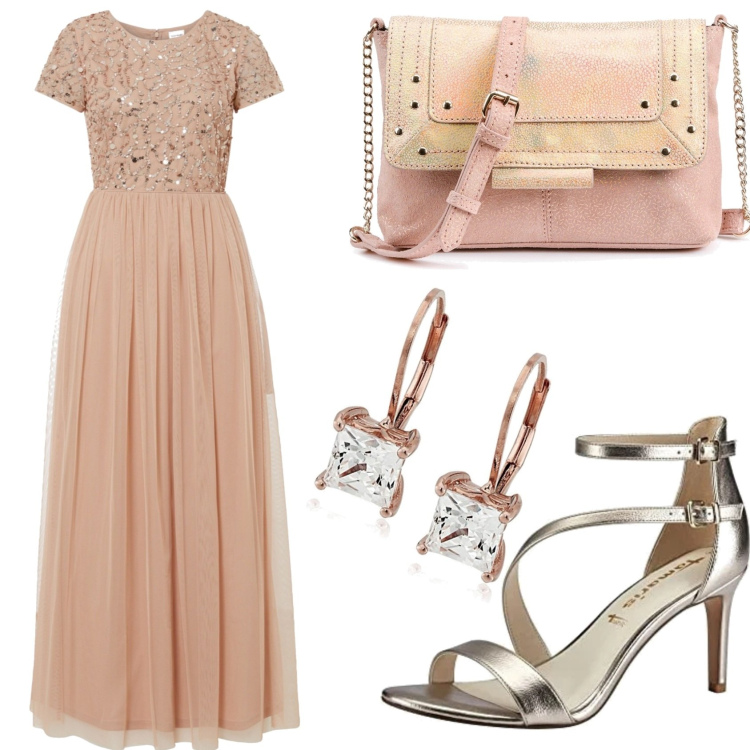 Outfit femme - Un Mariage. Style Romantique pour Cérémonie. Assortir avec robes longues, sandales à talon, sacs à main, boucles d'oreilles.