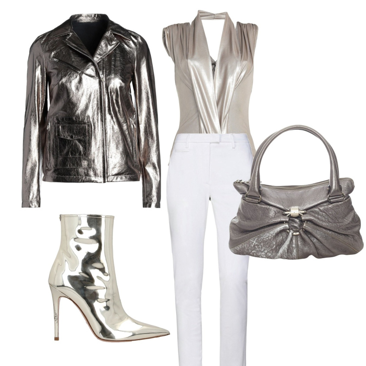 Outfit donna - Silver night. Stile Glamour per Serata fuori. Abbinamento con top, pantaloni, borse a mano, stivaletti, giacche.