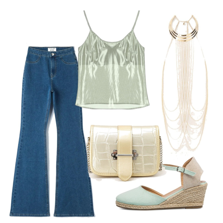 Outfit donna - Coachella Festival 2. Stile Boho per Serata fuori. Abbinamento con jeggings, top, collane, pochette, espadrillas.