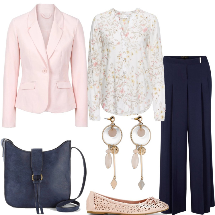 Outfit donna - Total look #1597927. Stile Casual chic per Tutti i giorni. Abbinamento con camicie, ballerine, orecchini, pantaloni, blazer, borse a tracolla.