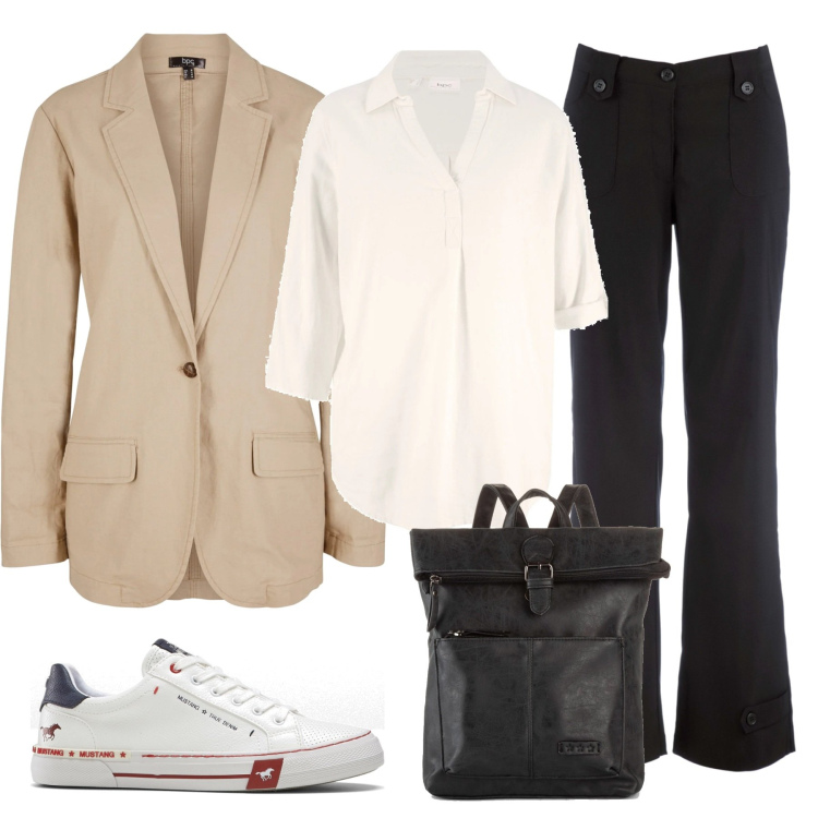 Outfit donna - Il blazer multiuso. Stile Basic per Tutti i giorni. Abbinamento con pantaloni, zaini, bluse, blazer, sneakers.