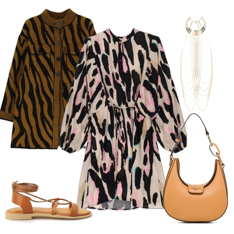 Outfit donna - Coachella Style. Stile Etnico per Serata fuori. Abbinamento con vestiti corti, giacche, sandali, collane, borse a spalla.