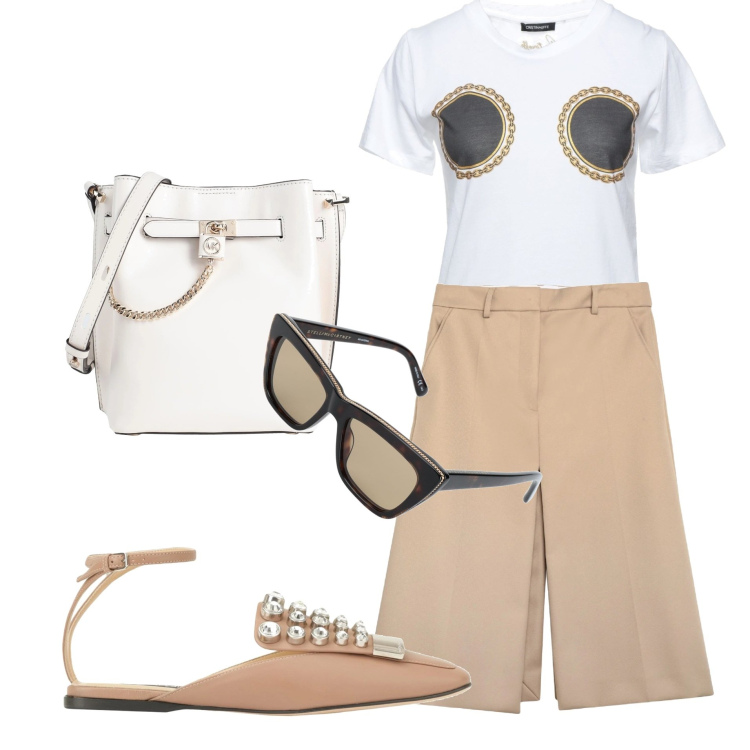 Outfit donna - Total look #1598064. Stile Casual chic per Tutti i giorni. Abbinamento con t-shirt, borse a tracolla, ballerine, gonne longuette, occhiali da sole.