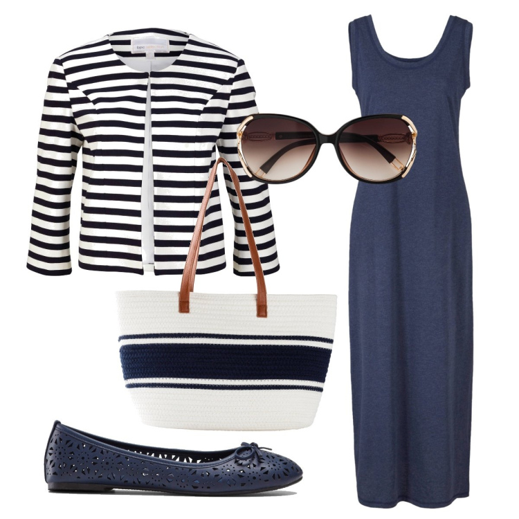 Outfit donna - Il blazer a righe. Stile Casual chic per Tutti i giorni. Abbinamento con vestiti, ballerine, occhiali da sole, blazer, shopping bag.