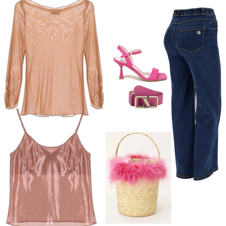 Outfit donna - Total look #1598159 festival chic. Stile Casual chic per Serata fuori. Abbinamento con top, sandali col tacco, jeans, borse a secchiello, cinture, maglieria.