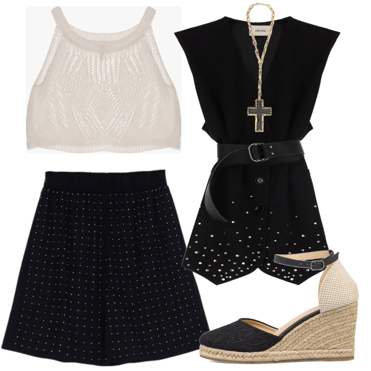 Outfit donna - Coachella spring. Stile Trendy per Tutti i giorni. Abbinamento con top, bermuda, gilet, ciondoli, espadrillas.