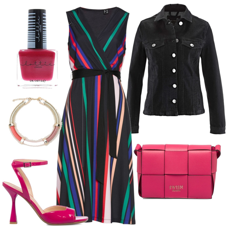 Outfit donna - L\'abito che slancia la curvy. Stile Casual per Tutti i giorni. Abbinamento con vestiti, blazer, braccialetti, sandali in pelle, borse a tracolla, smalti.