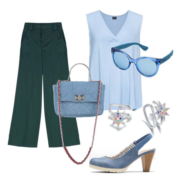 Outfit donna - Yes!. Stile Glamour per Tutti i giorni. Abbinamento con top, décolleté, borse a mano, orecchini, pantaloni a palazzo, occhiali da sole.