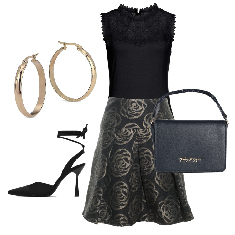 Outfit donna - Con pochi spiccioli. Stile Chic per Cerimonia. Abbinamento con top, borse a mano, minigonne, orecchini, décolleté.
