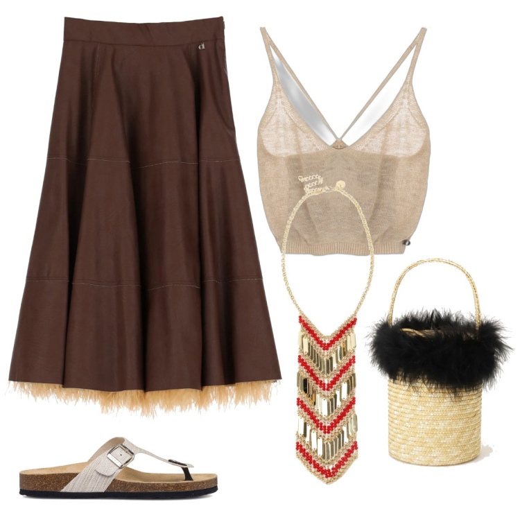 Outfit donna - Naturalmente DIXIE. Stile Trendy per Tutti i giorni. Abbinamento con gonne longuette, top, borse a secchiello, collane, infradito.