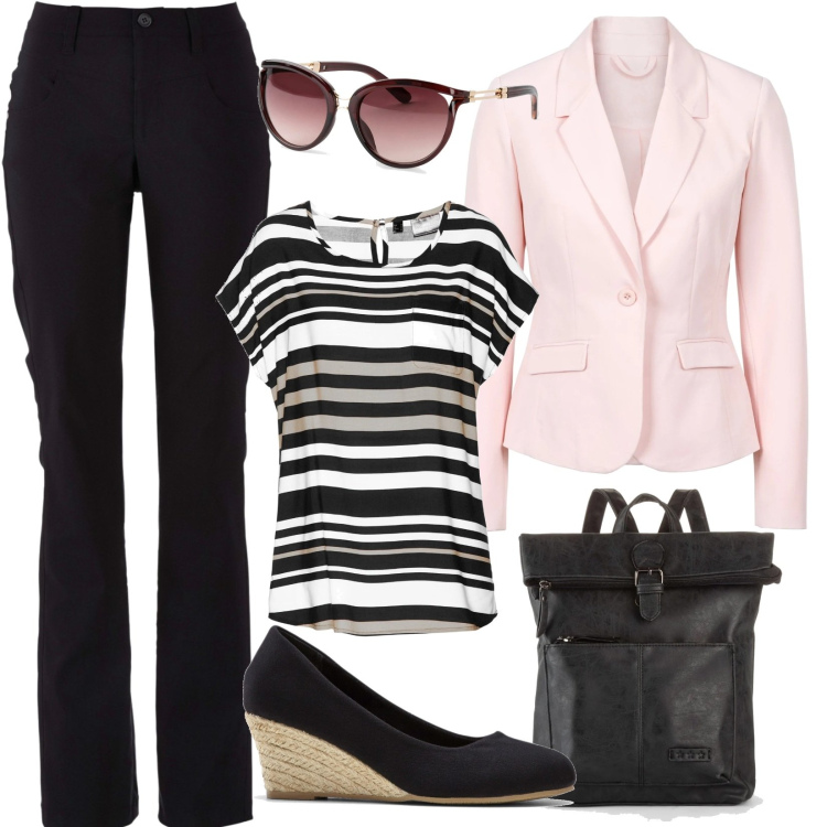 Outfit donna - Un blazer rosa. Stile Casual per Ufficio. Abbinamento con pantaloni, zaini, occhiali da sole, tuniche, blazer, décolleté.