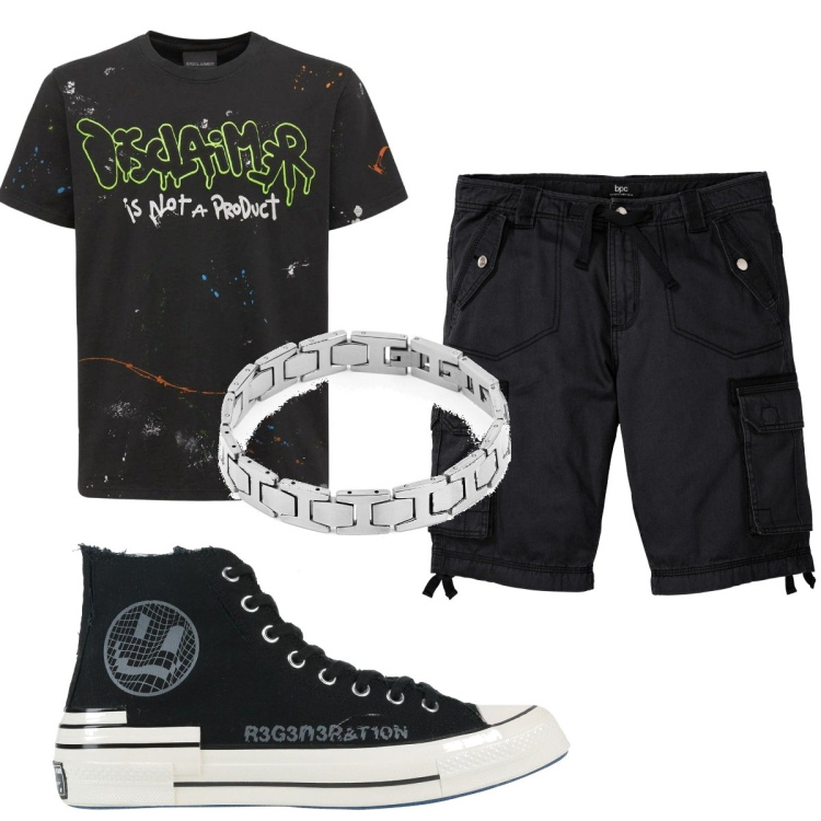 Outfit uomo - Total look #1598480. Stile Urban per Tutti i giorni. Abbinamento con bermuda, sneakers alte, braccialetti, t-shirt.