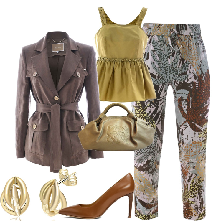 Outfit donna - Elegante. Stile Chic per Serata fuori. Abbinamento con borse a mano, orecchini, décolleté, pantaloni capri, giacche, top.