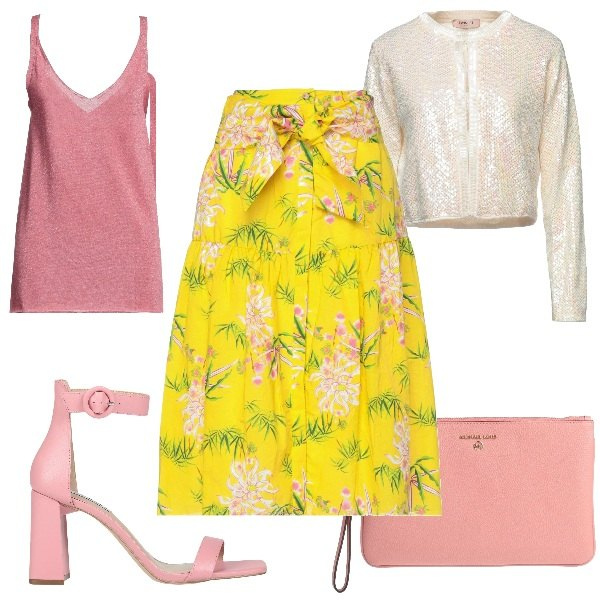 Outfit donna - La Gonna Gialla di Kenzo!. Stile Trendy per Serata fuori. Abbinamento con cardigans, sandali col tacco, gonne longuette, top, borse a mano.