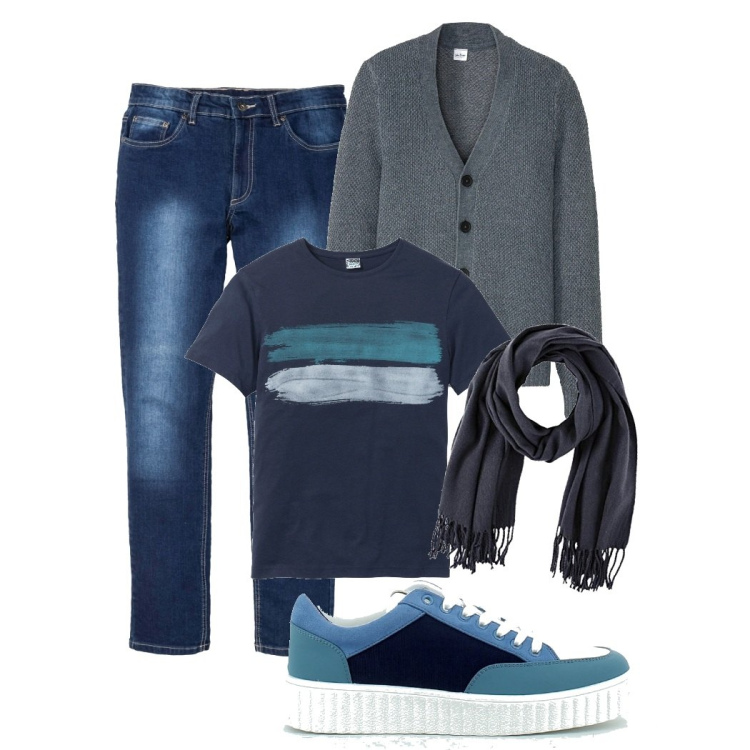 Outfit uomo - Stasera che si fa?. Stile Trendy per Serata speciale. Abbinamento con t-shirt, jeans slim fit, cardigans, sneakers, sciarpe.