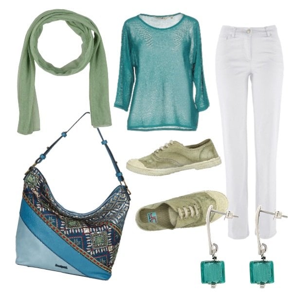 Outfit donna - CMPS La pashmina verde. Stile Basic per Tutti i giorni. Abbinamento con pantaloni, pullover senza tasche lavorato a maglia collo tondo a maniche 3/4 tinta unita, sneakers tennis, sciarpa in tulle tinta unita, borsa blu, orecchini in con murano argento.
