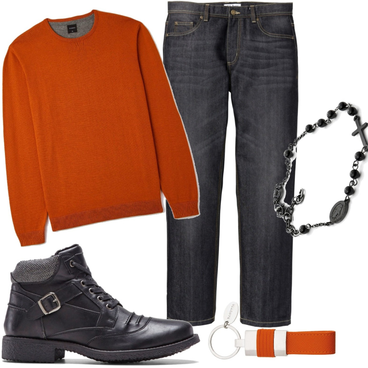 Outfit uomo - Total look #1598844. Stile Urban per Ufficio. Abbinamento con jeans dritti, stivali e stivaletti, maglieria, braccialetti, portachiavi.
