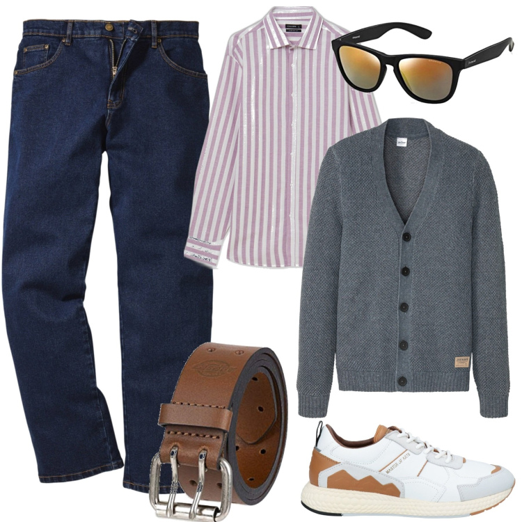 Outfit uomo - Casual con stile. Stile Casual per Tutti i giorni. Abbinamento con jeans dritti, cardigans, sneakers, camicie, cinture, occhiali da sole.