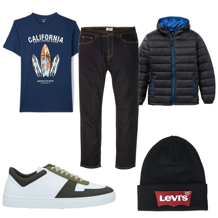Outfit uomo - Total look #1598886. Stile Trendy per Tutti i giorni. Abbinamento con jeans dritti, giacche, sneakers, t-shirt, berretti.