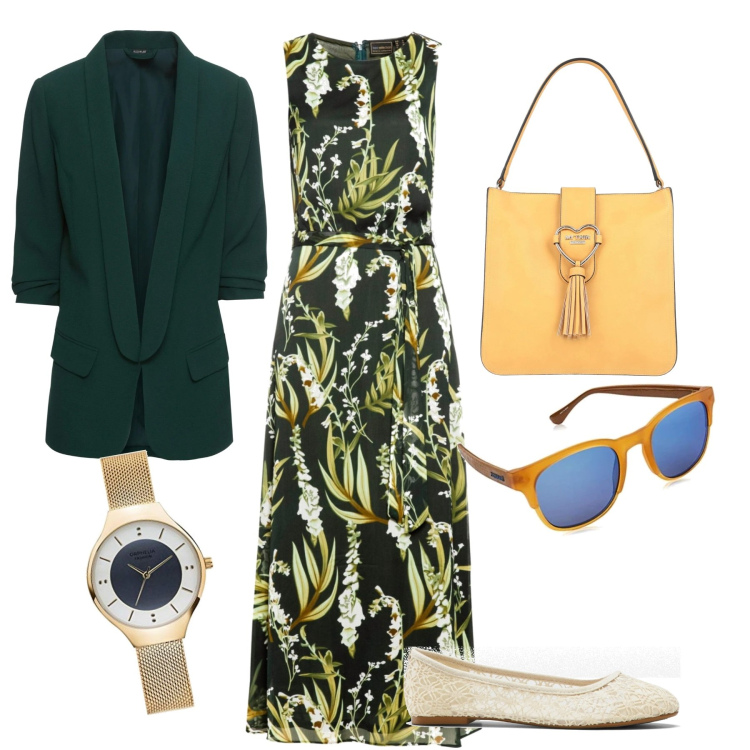 Outfit donna - Primavera green. Stile Casual chic per Tutti i giorni. Abbinamento con blazer, vestiti lunghi, ballerine, borse a mano, occhiali da sole, orologi analogici.