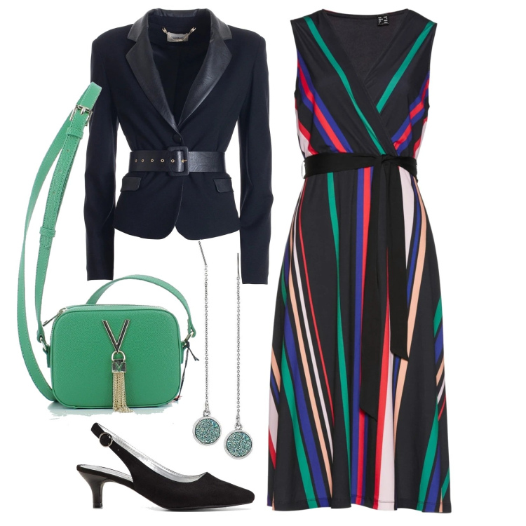 Outfit donna - Multicolore. Stile Chic per Serata fuori. Abbinamento con vestiti, décolleté, blazer, orecchini, borse a tracolla.