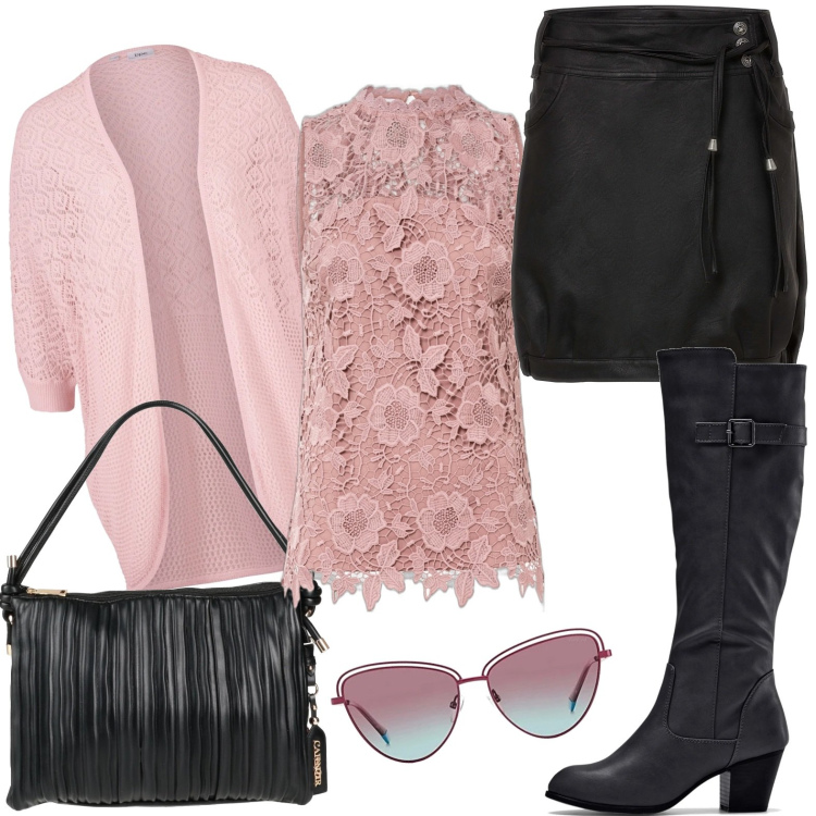 Outfit donna - Total look #1599245. Stile Urban per Ufficio. Abbinamento con stivali, top, cardigans, gonne, borse a mano, occhiali da sole.