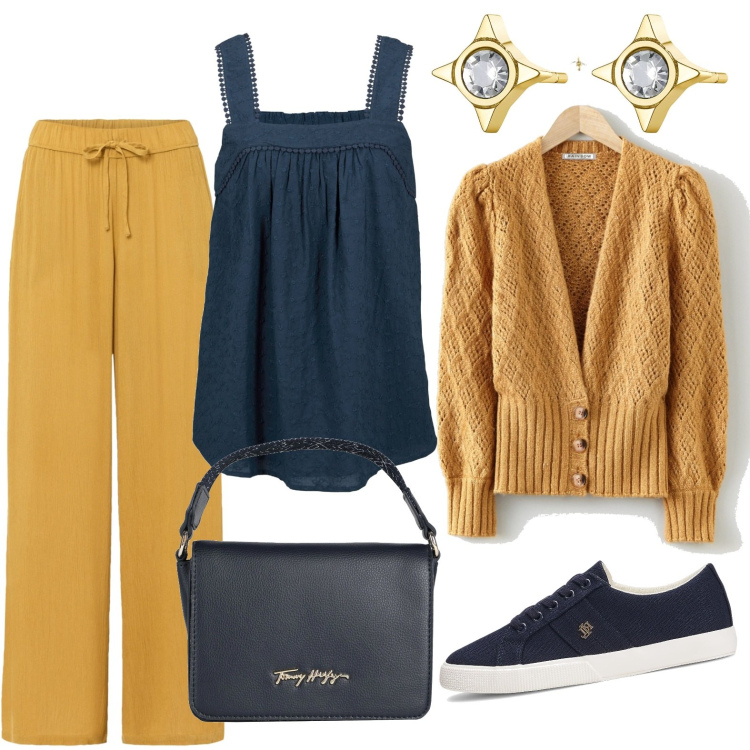 Outfit donna - Aspettando il caldo. Stile Bon Ton per Ufficio. Abbinamento con pantaloni, cardigans, top, sneakers, borse a mano, orecchini.