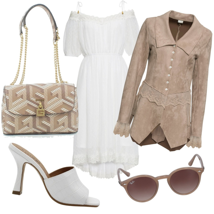 Outfit donna - Bianco e non solo. Stile Romantica per Ufficio. Abbinamento con vestiti, blazer, sandali, borse a tracolla, occhiali da sole.