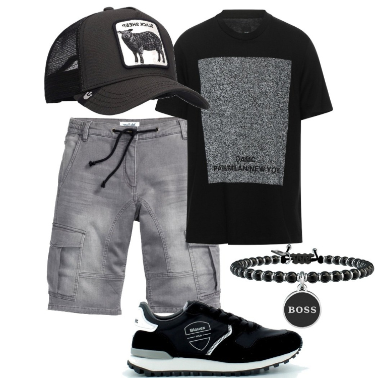 Outfit uomo - Buongiorno. Stile Casual per Tutti i giorni. Abbinamento con bermuda, t-shirt, braccialetti, sneakers, cappelli.