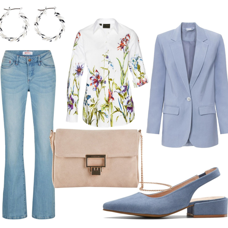 Outfit donna - Stile raffinato per ufficio. Stile Casual per Ufficio. Abbinamento con décolleté, jeans bootcut, orecchini, camicie, blazer, pochette.
