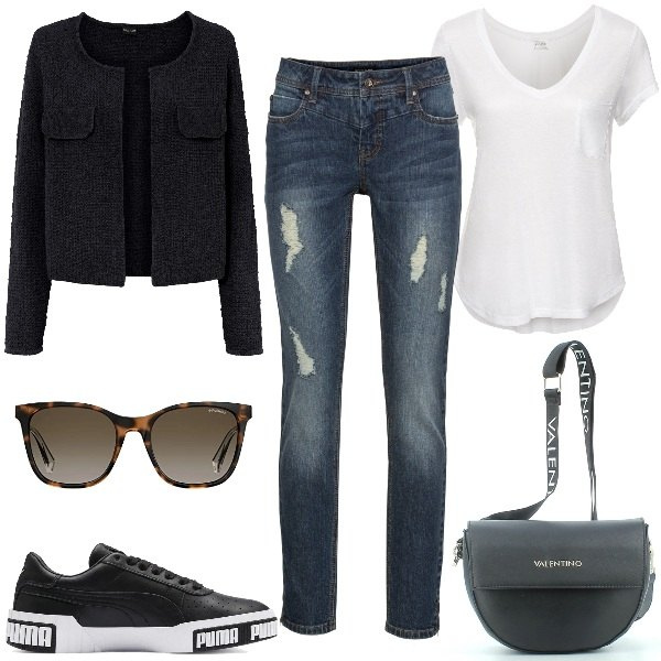 Outfit donna - Basic di Primavera. Stile Basic per Tutti i giorni. Abbinamento con t-shirt, cardigans, jeans strappati, sneakers, borse a tracolla, occhiali da sole.